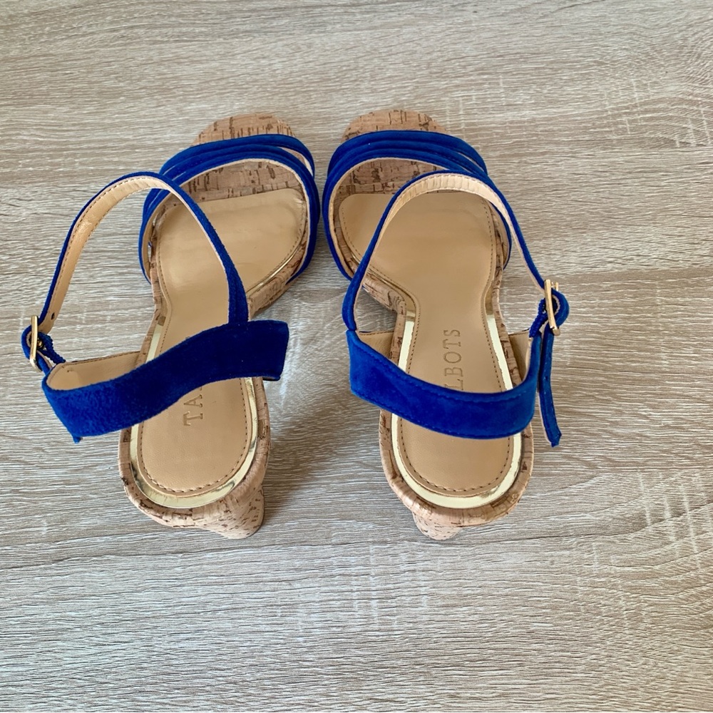 Bright Blue Suede Ankle Strap Cork Heel Sandals Talbots - Picture 5 of 7